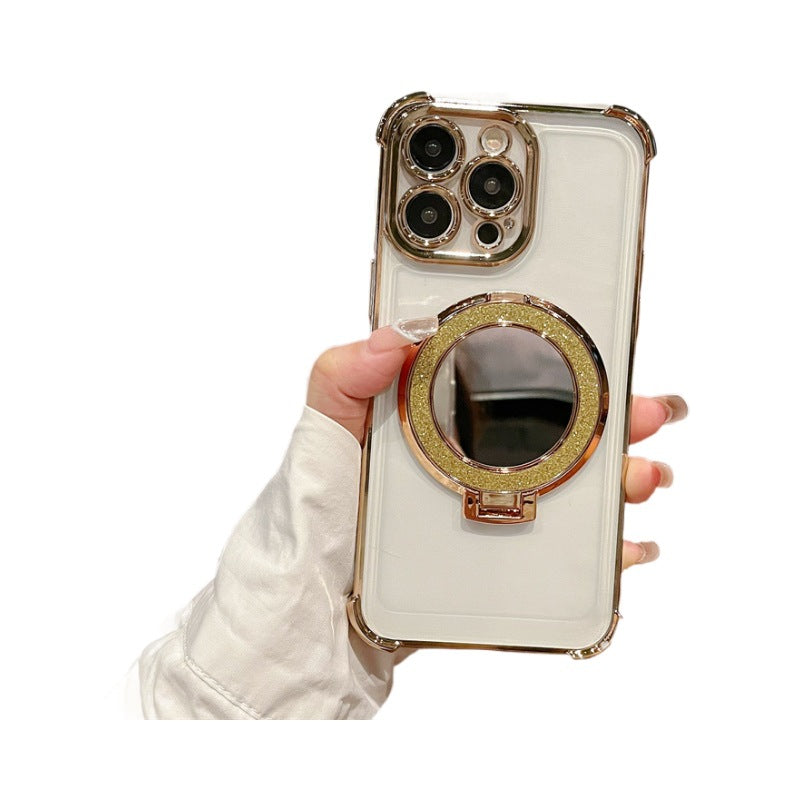 Four-corner electroplated glitter mirror phone case for apple 16 pro, iphone 12/11 with ring stand