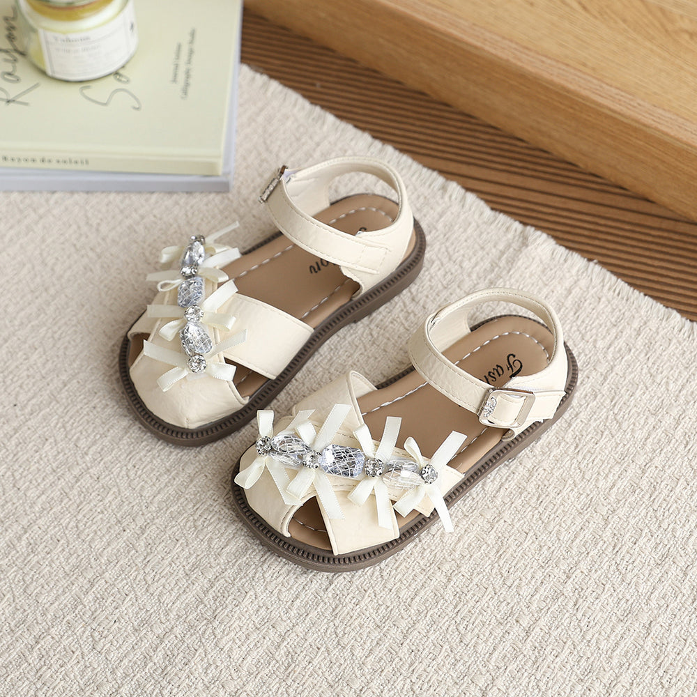 Girls' sandals:  summer new rhinestone princess sandals, kids' velcro anti-slip closed-toe anti-kick beach shoes