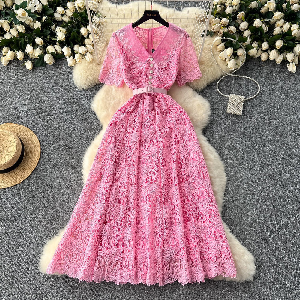 Xiaoxiangfeng dress women's frenchclassy sweet doll collar short sleeve waist slimming looklonglace dress