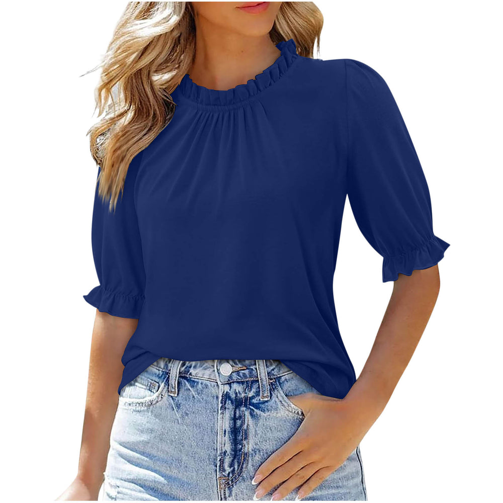 new women's solid color button-down crew neck ruched mid-sleeve top for cross-border