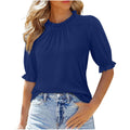 new women's solid color button-down crew neck ruched mid-sleeve top for cross-border