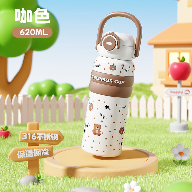 High-value double-drink tumbler: cute cartoon portable 316 stainless steel kids' water bottle with two spouts