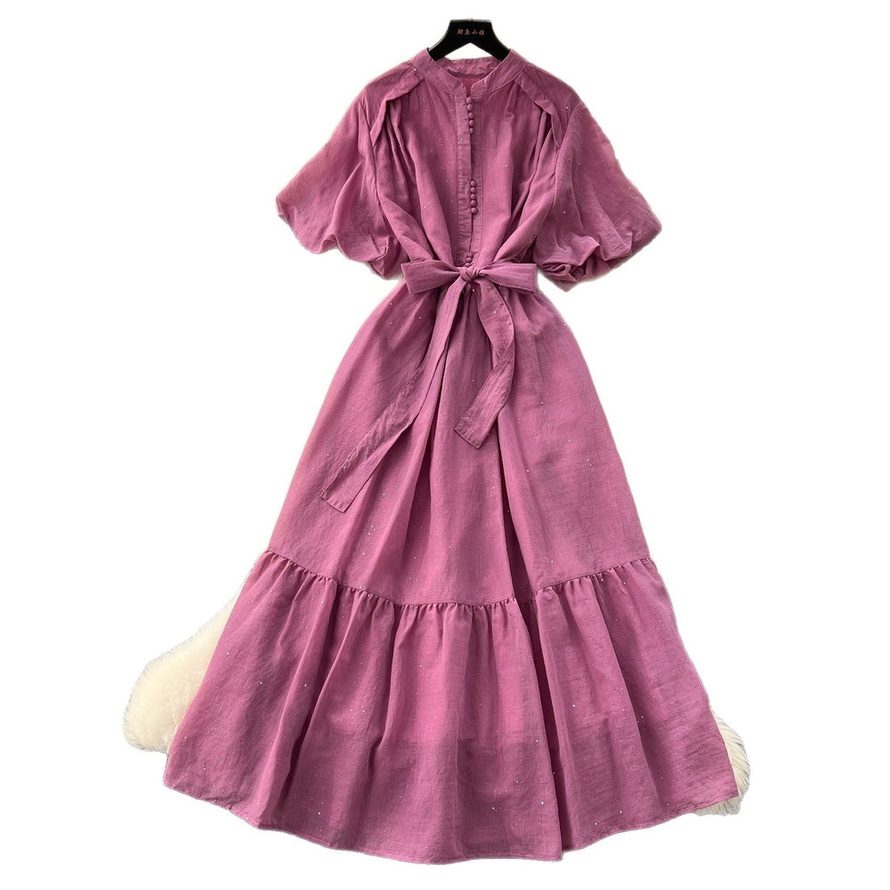 French fashion stand collar lantern sleeve tie-waist dress - slimming, elegant, sparkling ruffle hem maxi dress