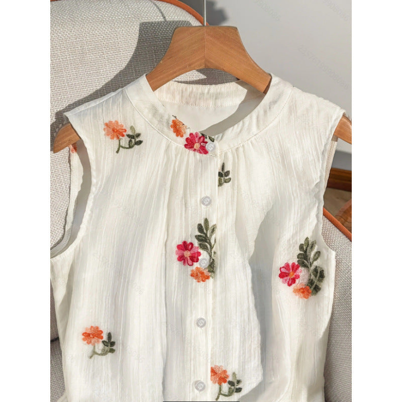 Women's new summer french chic embroidered sleeveless blouse with open front and collar – perfect for office and commuting