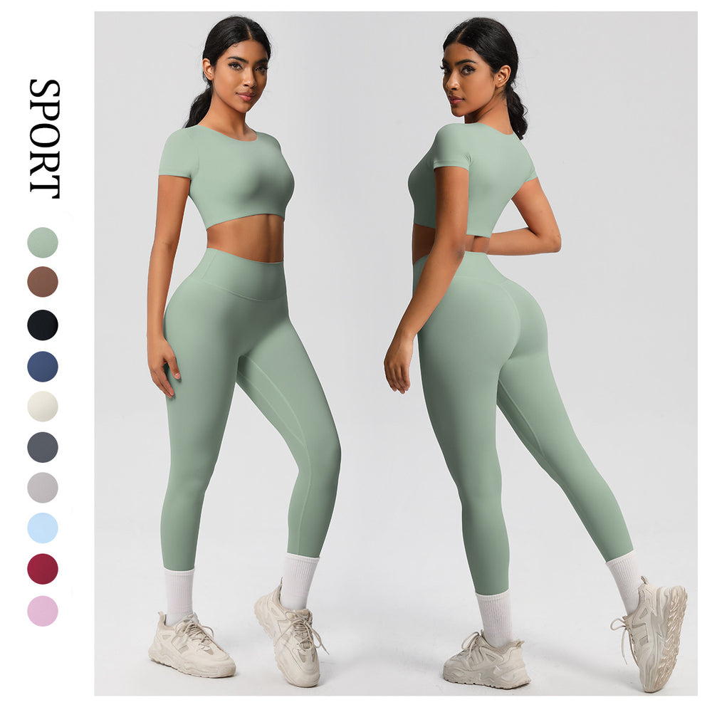 European and american nude feel compression quick-dry short sleeve yoga set outdoor casual training fitness apparel running sports set for women