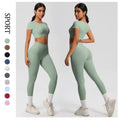 European and american nude feel compression quick-dry short sleeve yoga set outdoor casual training fitness apparel running sports set for women