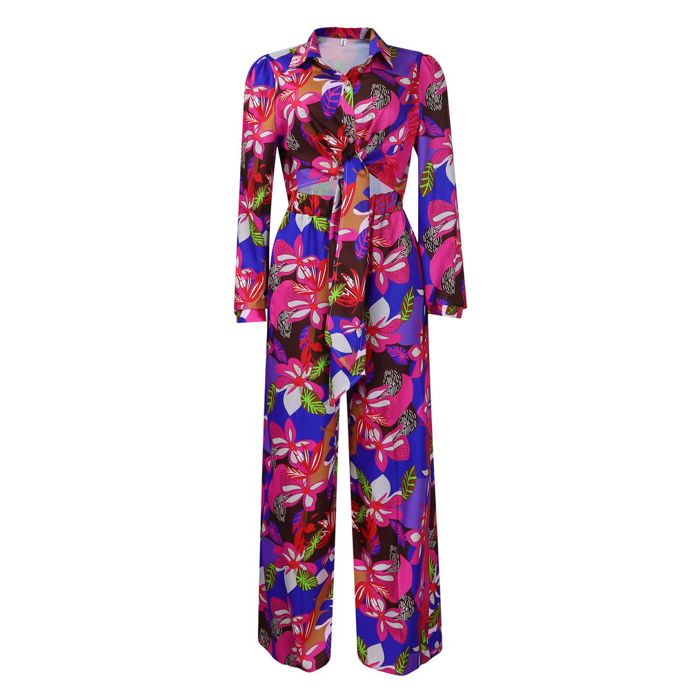 C8597  new arrival women's fashion printed two-piece set: collared tie-front shirt and wide-leg pants outfit