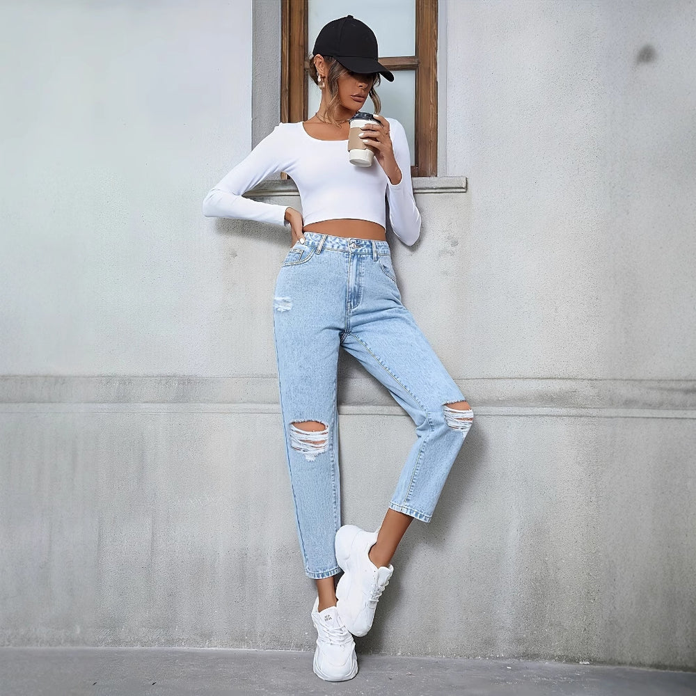 78-65823#  cross-border women's fashion: european and american ins style casual loose straight leg distressed denim jeans