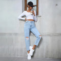 78-65823#  cross-border women's fashion: european and american ins style casual loose straight leg distressed denim jeans