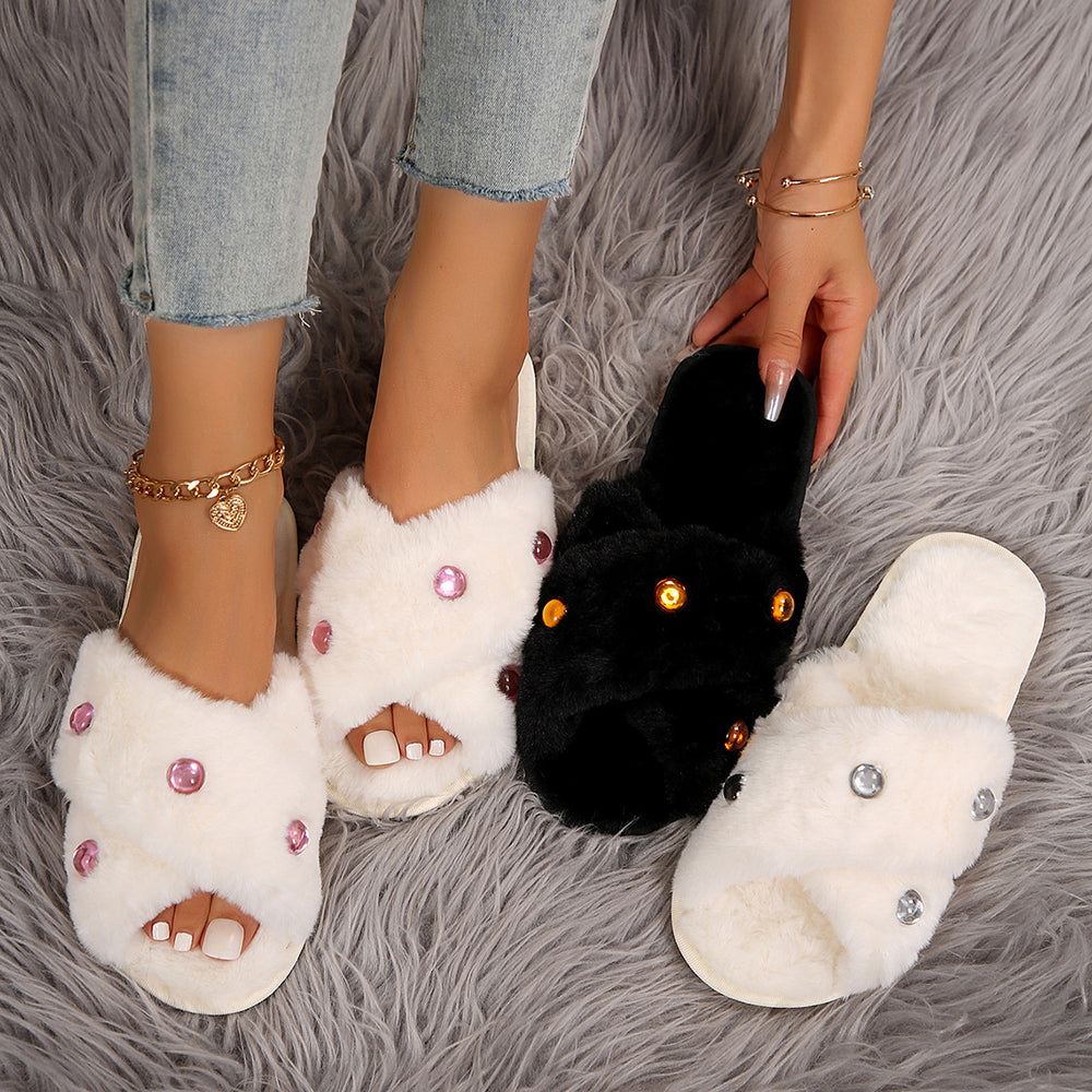 large size new arrival pearl fur slippers open cross internet celebrity four seasons home women's shoes manufacturer wholesale direct sales