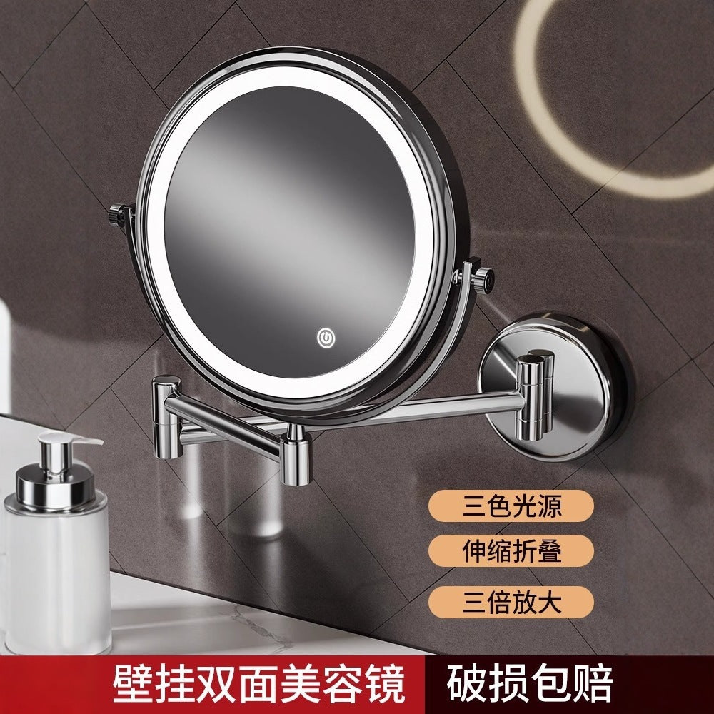 Toilet mirror folding non-punching hotel bathroom cosmetic mirror wall hanging telescopic double-sided LED beauty mirror with lamp