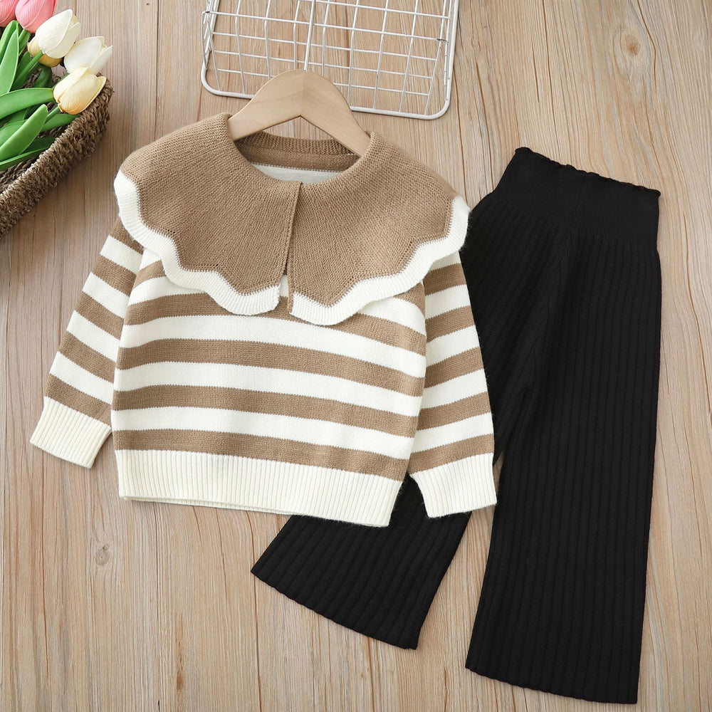 Girls' knitted sweater two-piece set - new autumn/winter collection - big collar, round neck wool sweater outfit for little girls