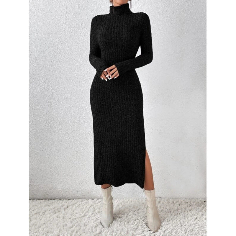 Women's turtleneck ribbed knit midi dress - autumn/winter long sleeve slim fit slit knit dress