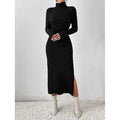 Women's turtleneck ribbed knit midi dress - autumn/winter long sleeve slim fit slit knit dress