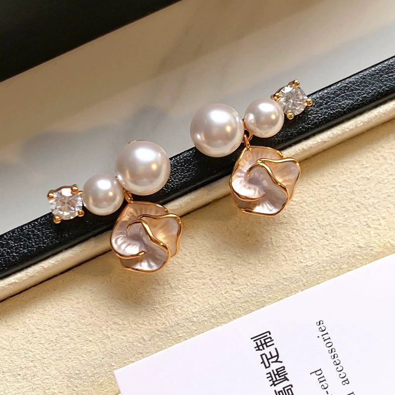 Sterling silver needle drop glaze camellia earrings gentle elegantclassy champagne pearl element sense of design sparkling zircon earrings