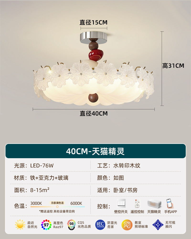 French retro embossed glass flower round ceiling light - walnut wood, soft light, cream style - perfect for kids' rooms and bedrooms