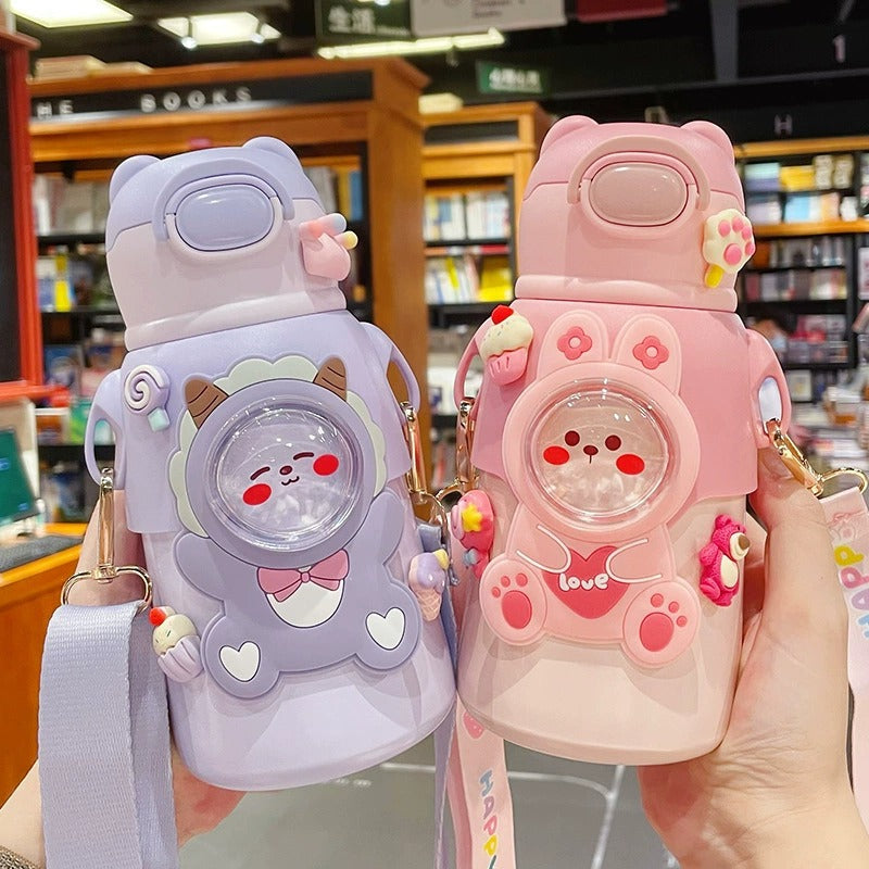 Cute and fun kids' insulated water bottle - 316 stainless steel, food-grade, cartoon design, portable student straw cup