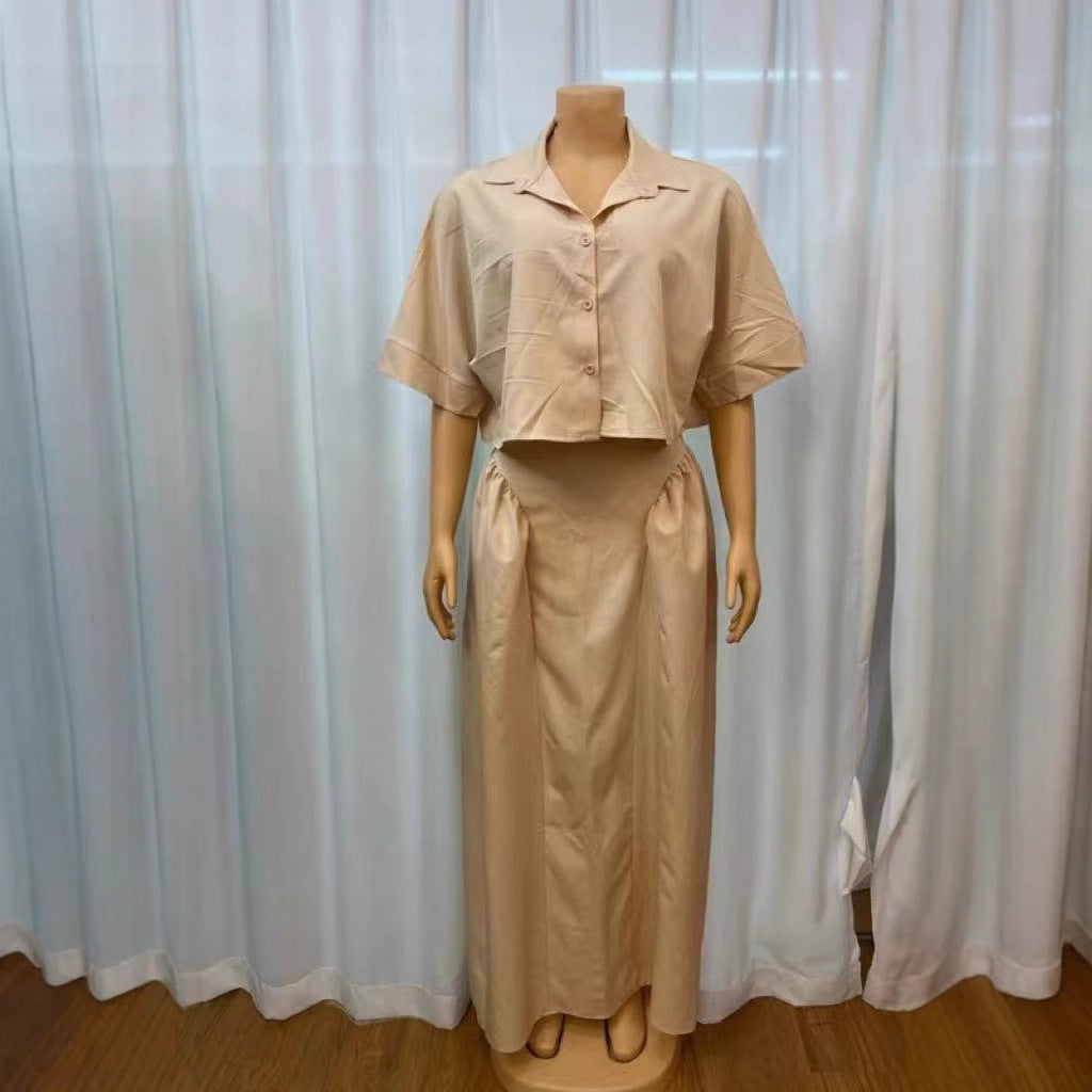 European and American new loose lapel cardigan short-sleeved top, solid color half-length skirt suit women's clothing