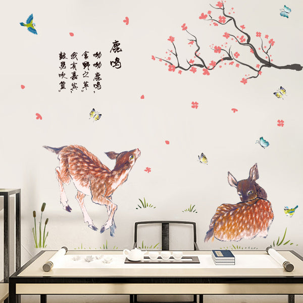 New Chinese style deer sound wall sticker bedroom living room sofa background pvc non-marking glue, self-adhesive mural XL8238