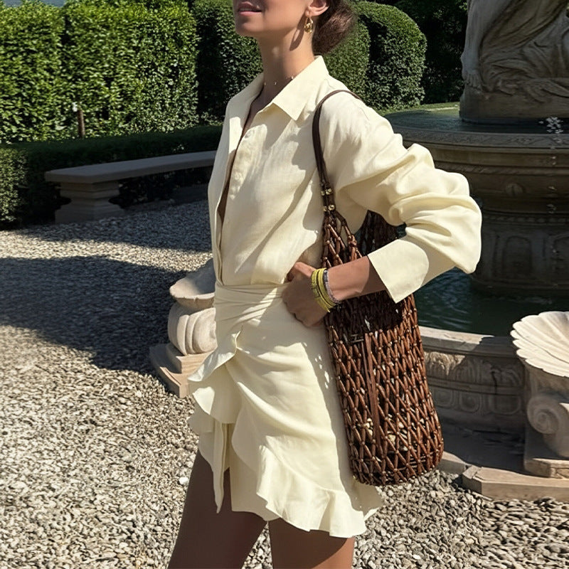women's summer new arrivals: cross-border european & american fashion - elegant solid color turn-down collar tie-waist casual set
