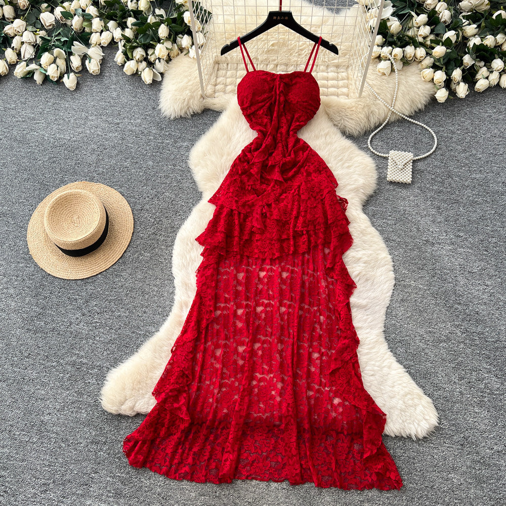 Frenchromantic style asymmetricallace suspender dress female summer pure lust style ruffles waist slimming look a-line skirt