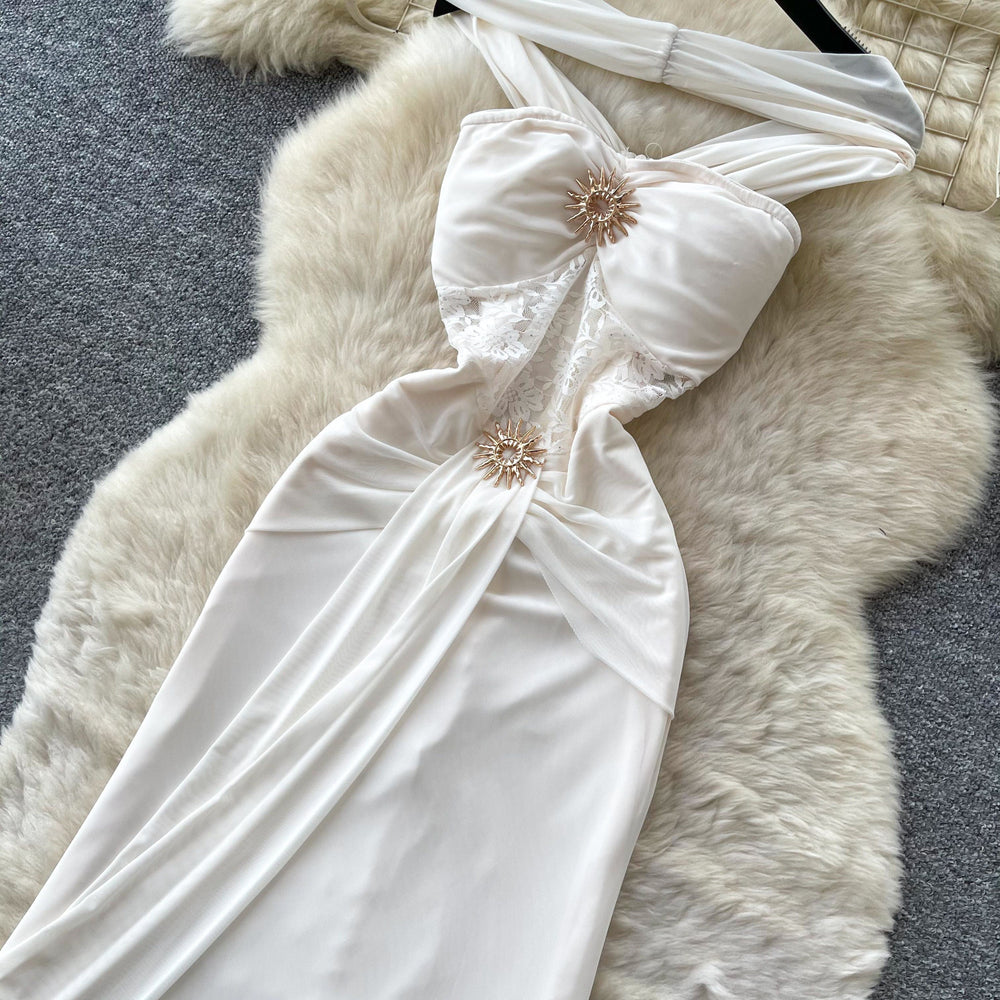 French halter lace white dress women's summer sleeveless waist slimming look a-line long skirt accessible luxuryelegance style