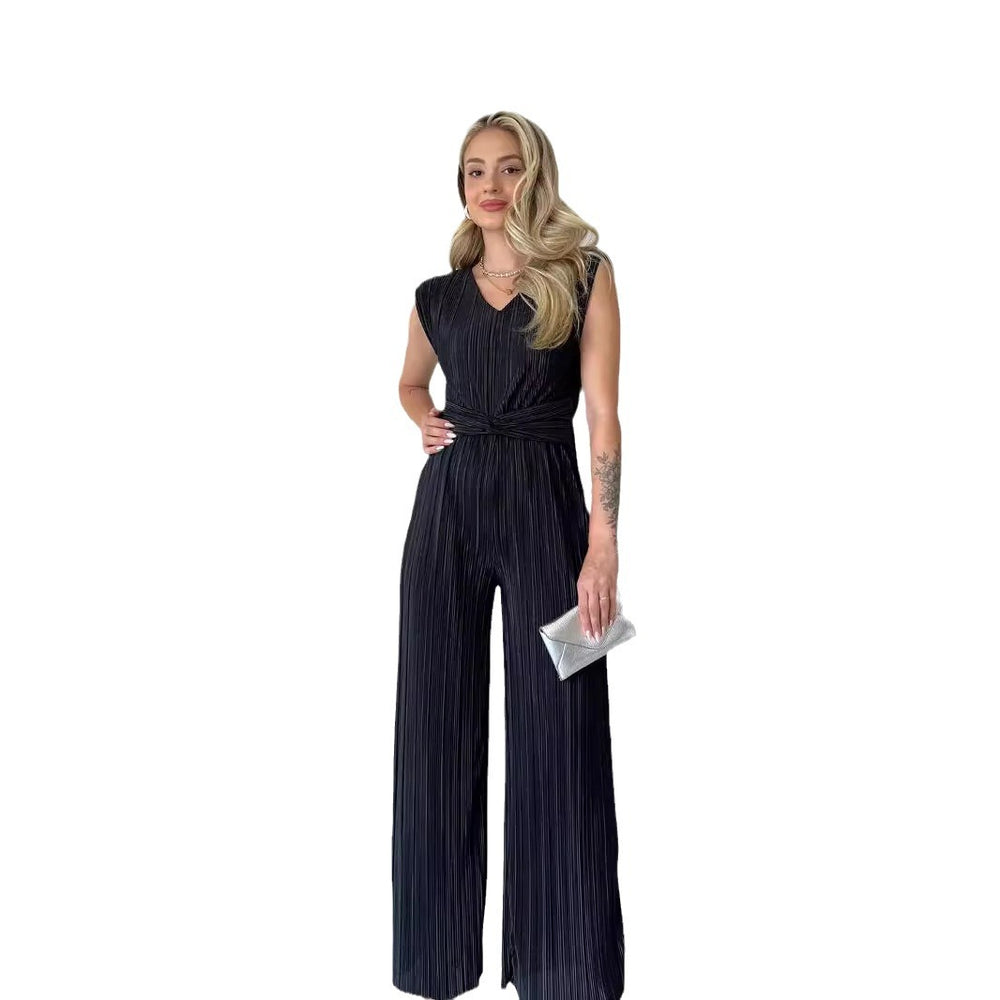 Amazon fashion cross-border women's clothing  autumn new style pure color sleeveless round neck silm pleated straight-leg jumpsuit