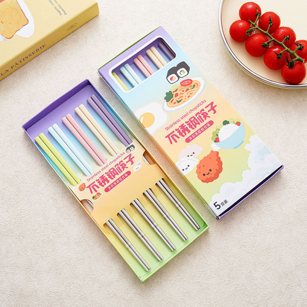 304 stainless steel chopsticks, color-coded individual chopsticks, serving chopsticks, non-slip square chopsticks, tableware set, 5 pairs