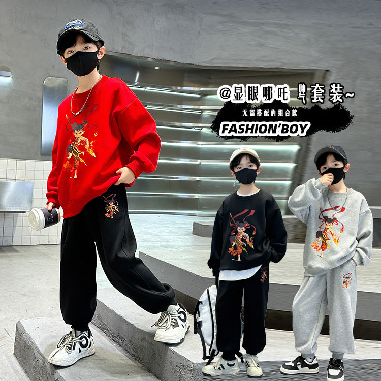 Boys'  cartoon top spring/autumn sweatshirt set - middle to big kids' nezha long-sleeve outfit - crew neck children's clothing - boys' two-piece set