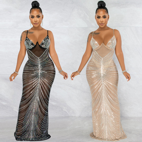 X5618   Fashion New Hot Diamond Sexy Suspender Breast Wrap Mesh Perspective Long Dress Dress