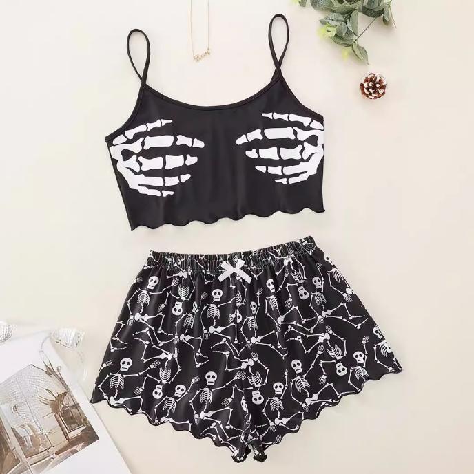 Fashion cross-border   fashion women's clothing skull hand printing suspender tops and shorts home wear suit