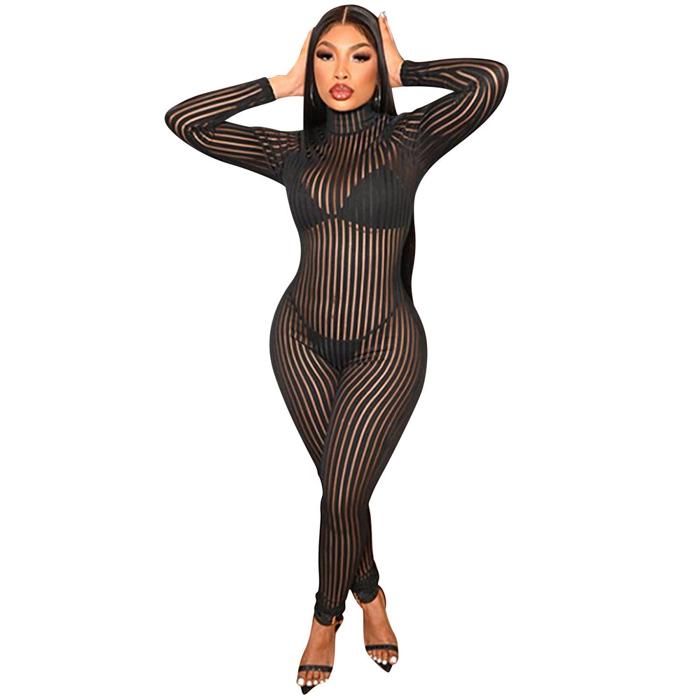 C5345 cross-border new arrival: sexy see-through striped bodysuit with long sleeves and pants - perfect for  and