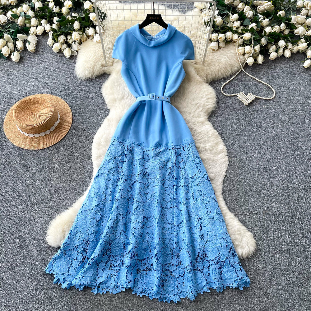 Elegant lace patchwork a-line maxi dress - high waist, slim fit, korean style, summer collection