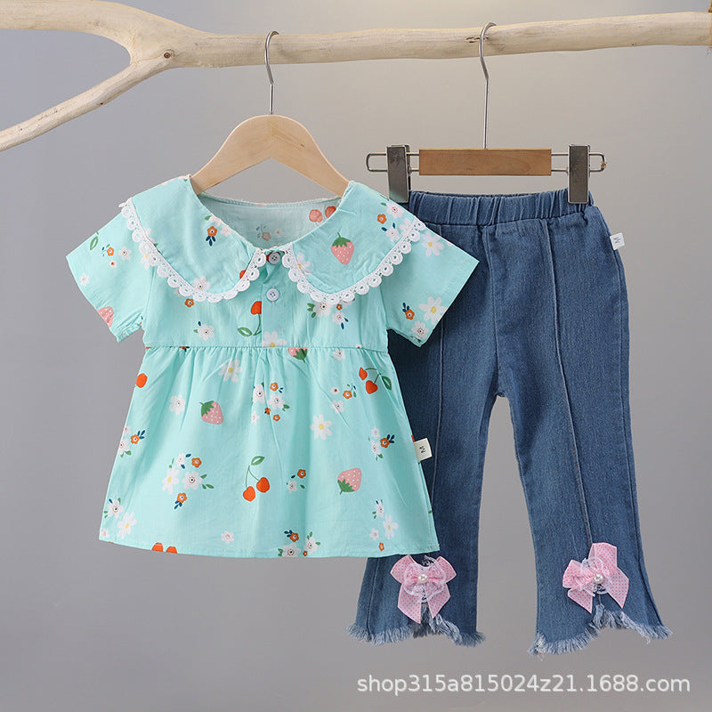 Floral print short-sleeve summer outfit for girls (0-4 years) - includes blouse with shoulder ruffles and denim pants