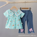 Floral print short-sleeve summer outfit for girls (0-4 years) - includes blouse with shoulder ruffles and denim pants