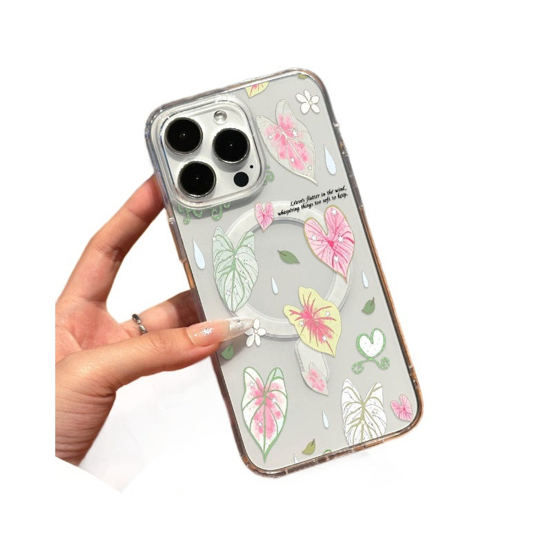 Ins fresh colorful leaf raindrops suitable for iphone17 apple 16pro magnetic anti-fall high transparency transparent mobile phone case 15