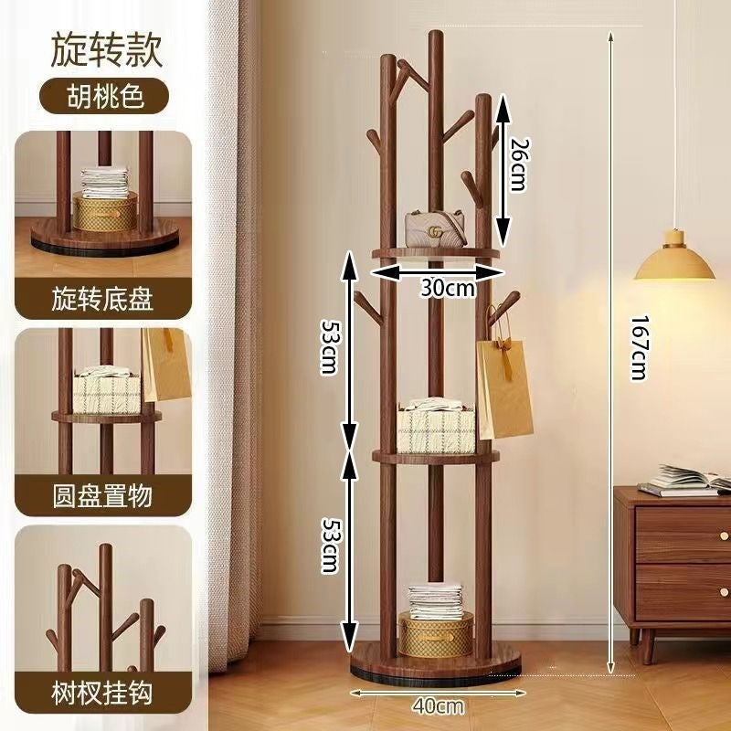 Accessible luxury solid wood coat rack, rotatable clothes rack, floor-standing bedroom for home office, non-occupying storage rack