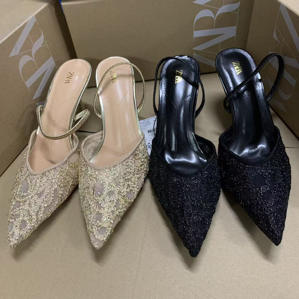 Za's 2026 new women's low-heel elegant sequin pumps - closed-toe, low-cut, back-strap flats