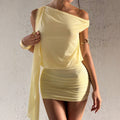 fashionelegant oblique shoulder dress ribbon off-shoulder pleated hip-covering waist slimming look short skirt for women summer