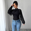 European and american cross-border women's fashion:  autumn new collection - mesh long sleeve puff sleeve beaded bodycon top