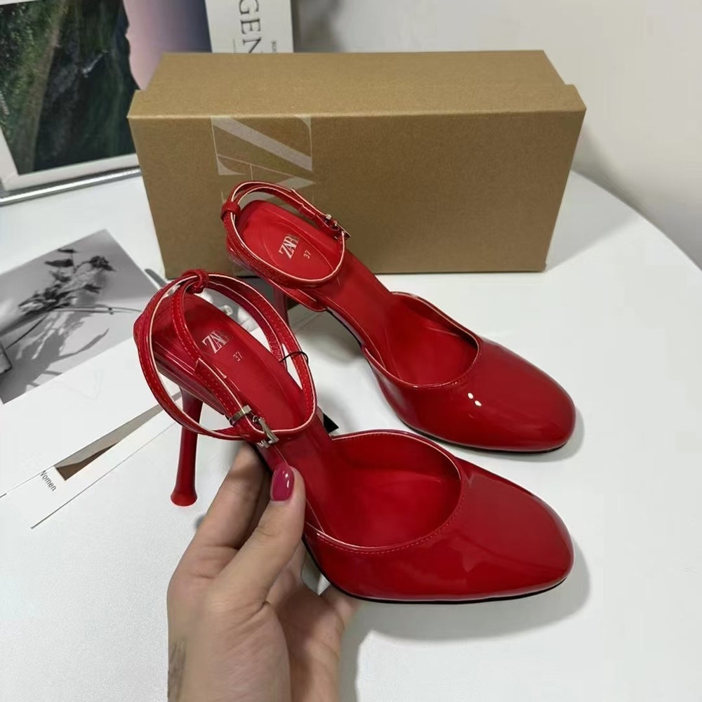 Za2024summernew arrival high heels stiletto toe cap flats sandals strap buckle hollow round toe european and american women's shoes