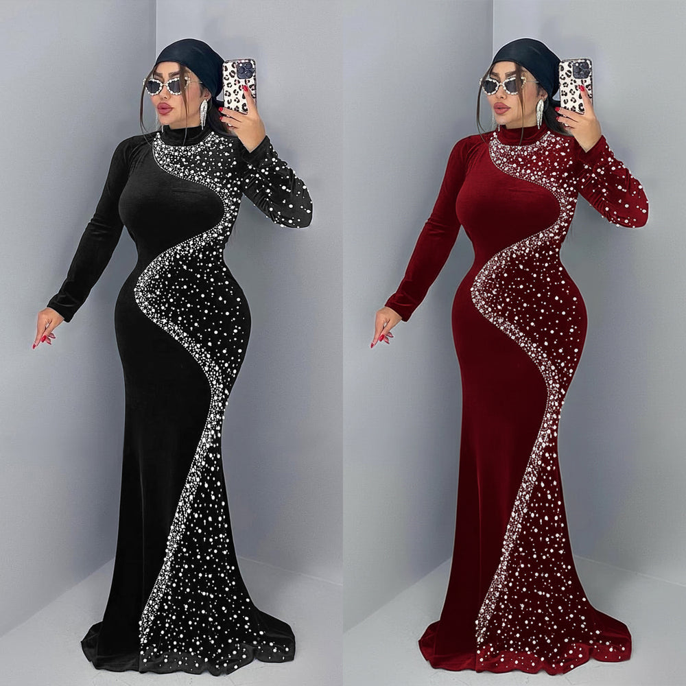 C7616 cross-border   fashion women's elegant velvet rhinestone dress