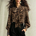 Luxury leopard print blouse with tie-waist, stand collar, and lantern sleeves - elegant workwear for women, 1688 source