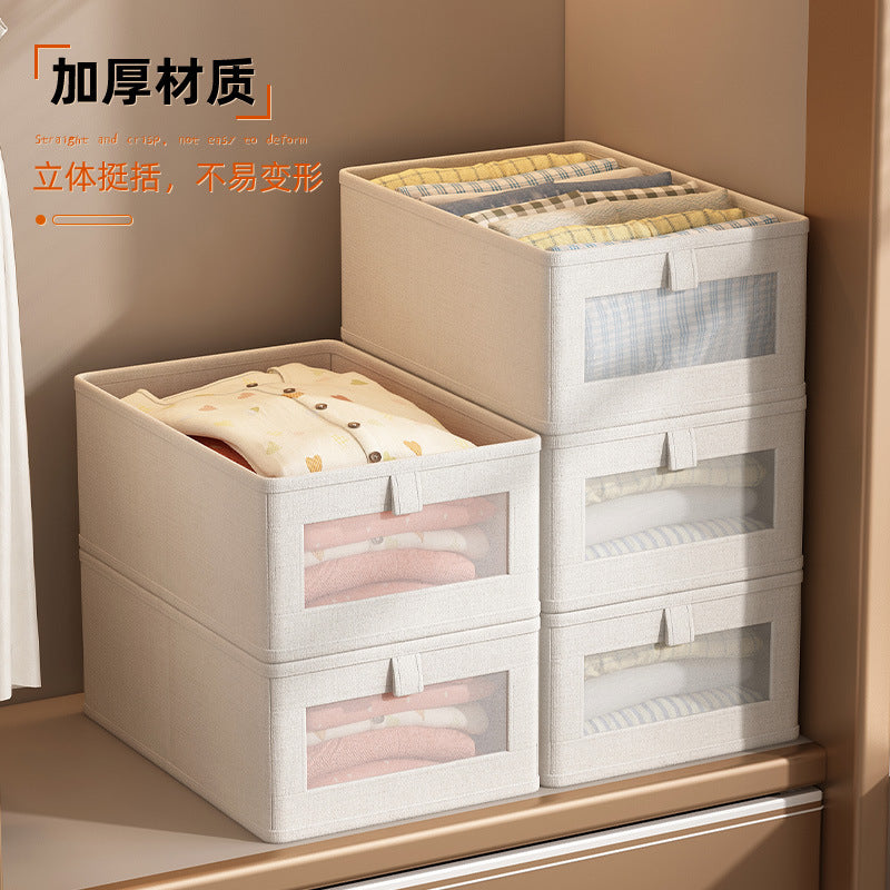 2025 Japanese-style large windowable cotton and linen storage box foldable household fabric storage for clothes and clothing
