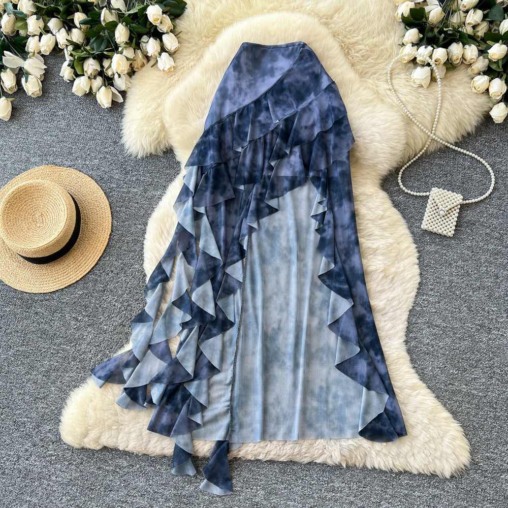 K-style tie-dye ruffles a-line skirt for women summerhigh waistslimming lookasymmetricalelegant mid-length skirtwork clothing
