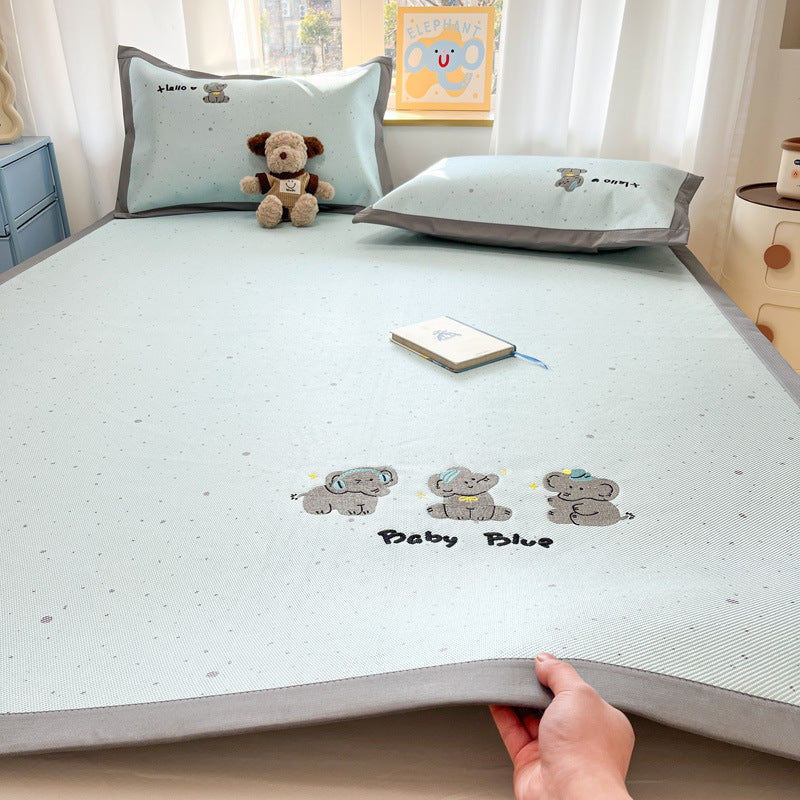 Summer ice rattan mat three-piece cartoon mattress foldable embroidered ice silk mat can sleep naked air conditioner soft mat