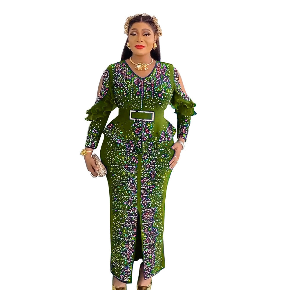 supply hot diamond beading off-shoulder long sleeves waist slit long skirt v neck african long skirt dress