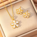 [set] cross-border popular copper-inlaid zirconium flower necklace, women's earrings, light luxury elegant stainless steel sweater chain jewelry