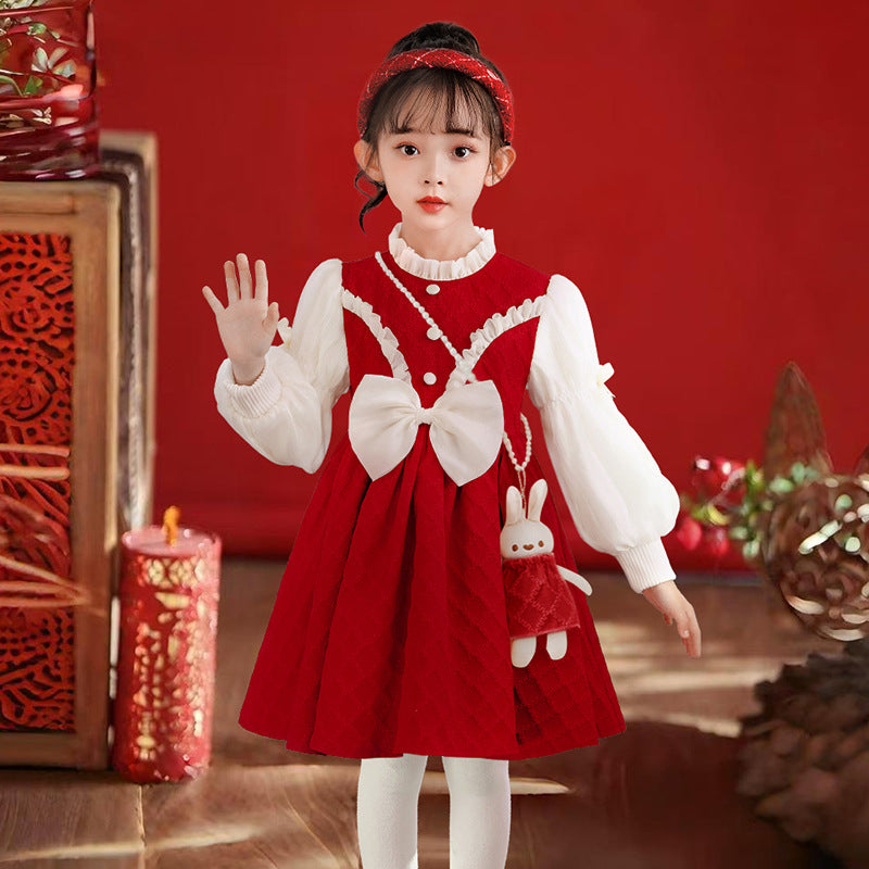 Hot-selling girls' dresses in stock: festive red new year outfit with plush lining - stylish and trendy winter wear for kids