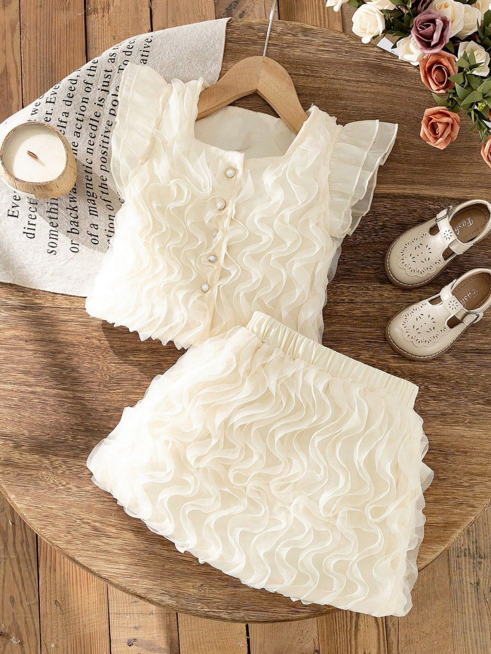 summer cross-border e-commerce 3d mesh wave patchwork top + skirt two-piece set girls' outfit